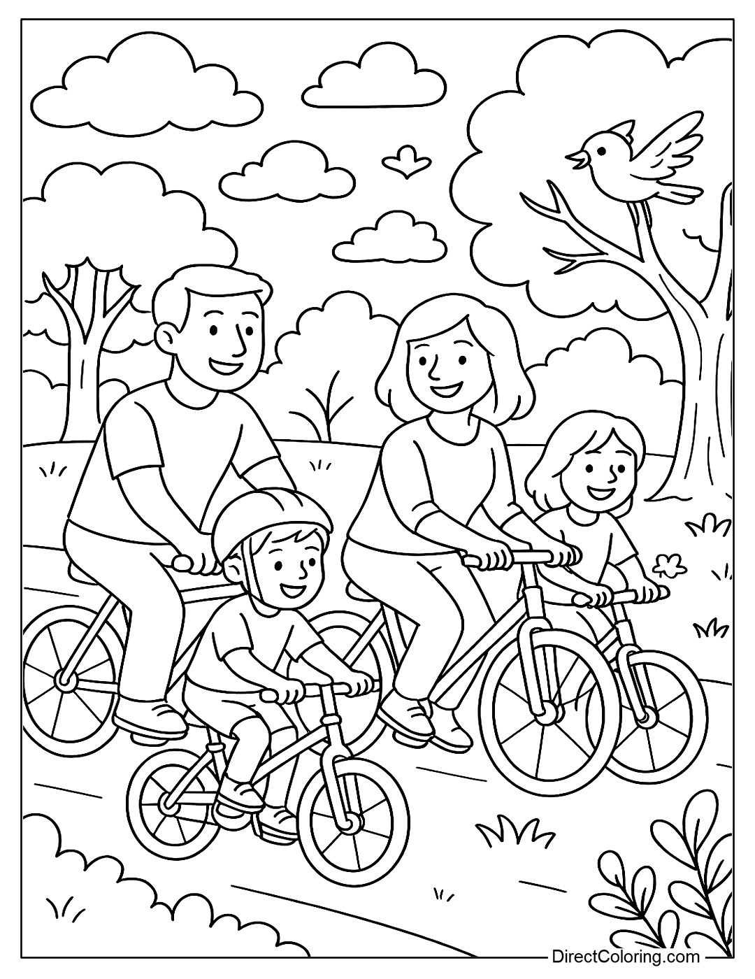 coloring page A family of people cycling together through the park with green trees and birds singing